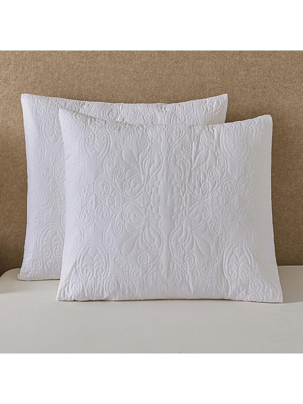 Set of 2 White Quilted Euro Pillow Shams - Embroidered Damask Medallion 26x26